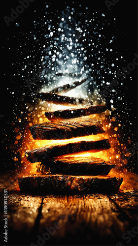 Juicy Grilled Steak Slices on Rustic Wood with Dramatic Fire and Smoke, Flying Salt, and Moody Dark Background
