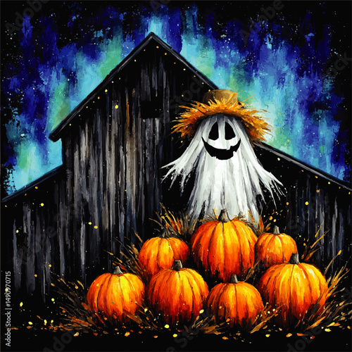 Whimsical Halloween Barn Scene with Cute Ghost Scarecrow, Pumpkins, and Night Sky – Vibrant Autumn Watercolor Illustration