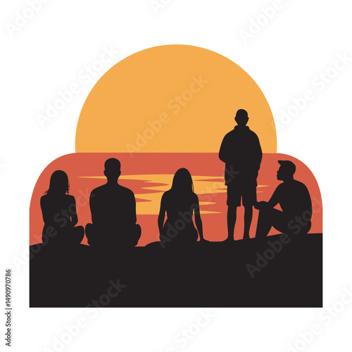 People's silhouettes enjoying the sunset on a beach or desert landscape