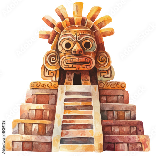 Mayan Temple Of The Sun, watercolor illustration vector, high quality, isolated on a white background.