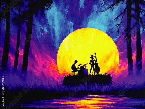 Vibrant Jazz Band Silhouette Performing at Sunset in Colorful Forest, Abstract Music Art with Dramatic Yellow Sun and Purple Hues