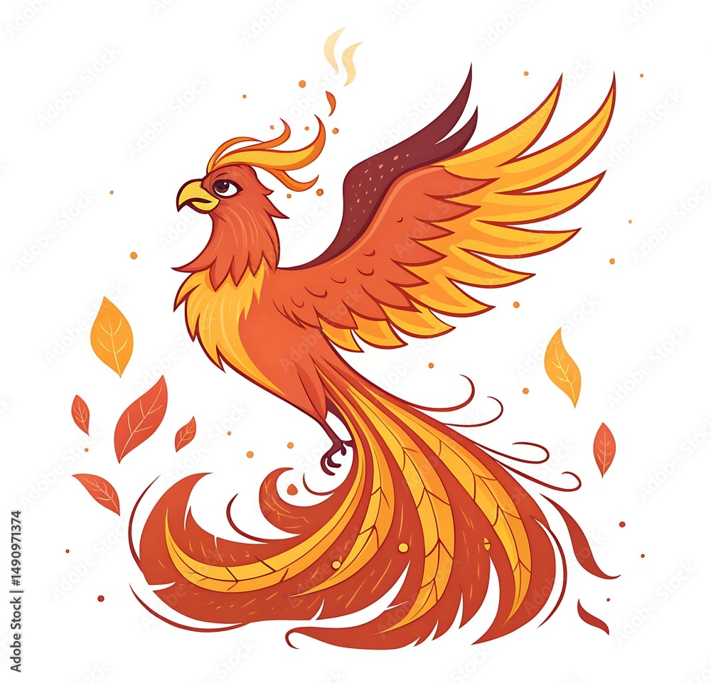 Vibrant Phoenix Bird Illustration with Fiery Feathers and Majestic Wings
