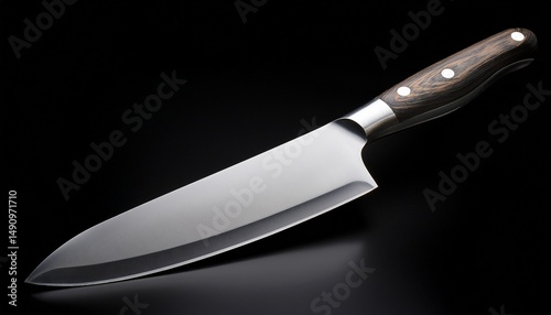 black background showcasing a kitchen knife with a white handle and a keen blade