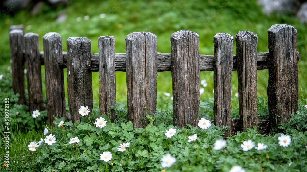 Naklejka premium Rustic wooden fence bordering a grassy patch with daisies