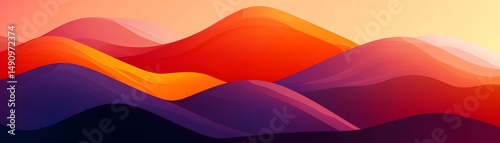 Abstract illustration of colorful mountain ranges at sunrise.