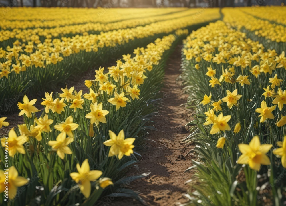 Fototapeta premium Sunlit daffodil field, vibrant yellow blooms, spring freshness, garden, golden
