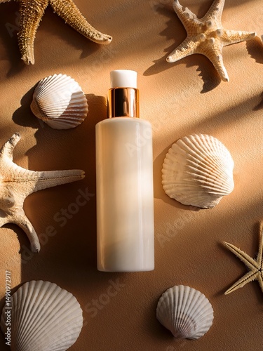 Skin care product on the sand with sea shells decoration 