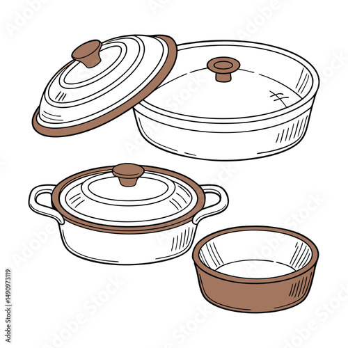 A set of clay cooking pots with white background