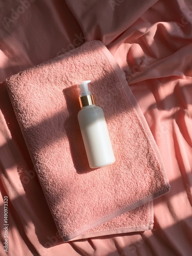 Skin care product on a pink beach towel. Logo space for ad