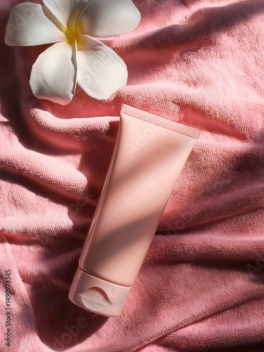 Skin care product on a pink beach towel. Logo space for ad