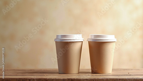 Two Beige Disposable Coffee Cups with Lids, Minimalist Style, Neutral Tones, Morning Refreshment or Coffee Break [with copy space]
