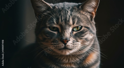 Close-up portrait of a tabby cat with piercing green eyes looking directly at the camera, exuding feline charm and presence