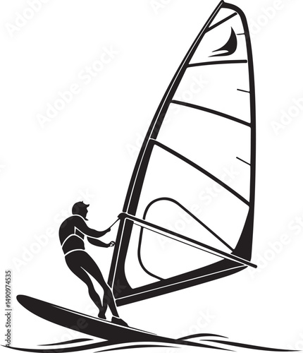Windsurfing Water Sport Black and White Vector Illustration, Sketch Drawing Line Linear Symbol Icon Engraving, Hand-drawn Isolated