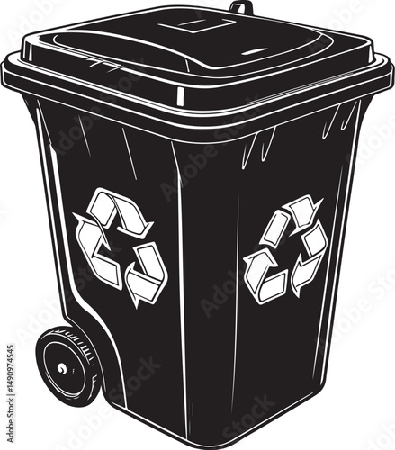 Trash Can for Recycling Waste Garbage, Sorting Black and White Vector Illustration, Sketch Drawing Line Linear Symbol Icon Engraving, Hand-drawn Isolated