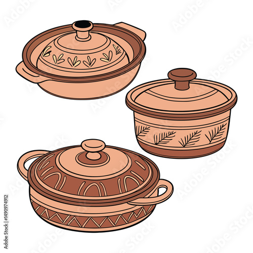 A set of clay cooking pots with white background