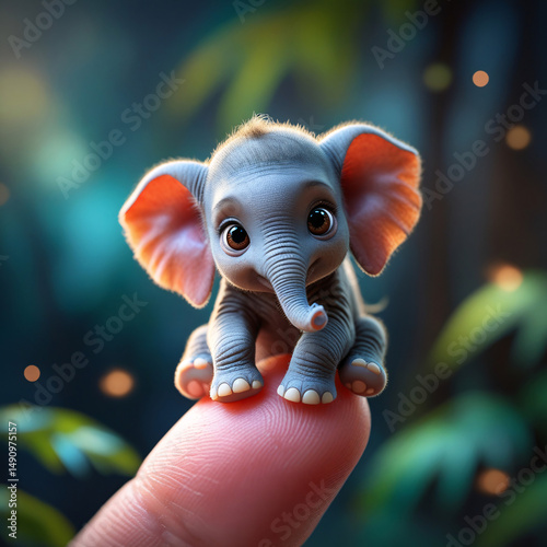 Capture a close, detailed photo of a finger-sized Elephant perched delicately on a human finger. A tiny, little elephant with soft skin, big round brown eyes full of curiosity and innocence.