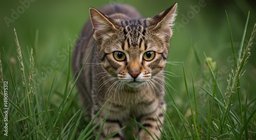 Wallpaper Mural Focused Chausie Cat Stalking in Green Grass Field, Capturing a Natural Moment of a Hunting Predator Torontodigital.ca