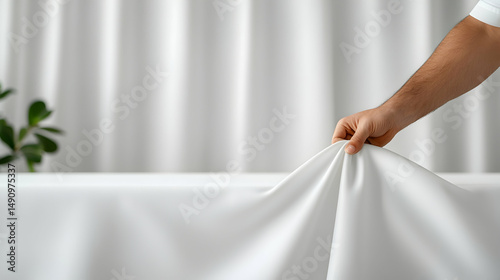 Hand Unfolding Crisp White Tablecloth on Table