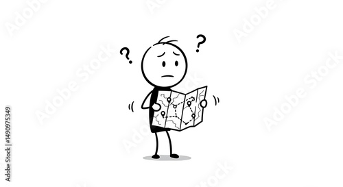 Confused stick figure looking at map with question marks above head