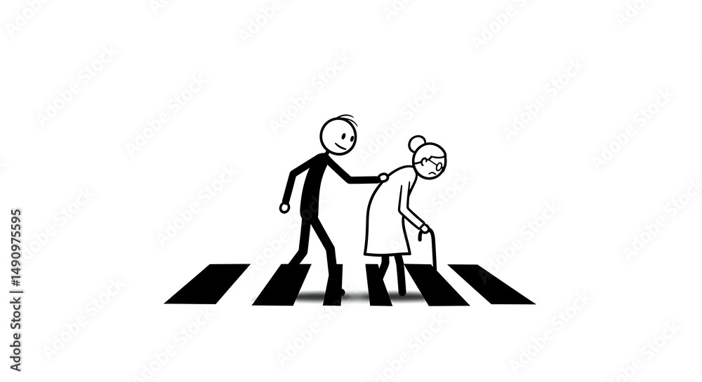 Helping Elderly Woman Crossing Street Illustration Stick Figure Support Helping Elderly Woman Crossing Street Illustration Stick Figure Support