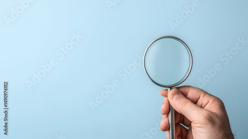 Hand Holding Magnifying Glass Against a Light Blue Background