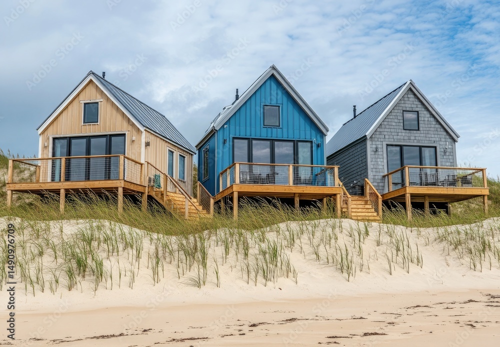 Three Colorful Beach Houses With Metal Roofs on Dune Landscape at Coastline Three Colorful Beach Houses With Metal Roofs on Dune Landscape at Coastline
