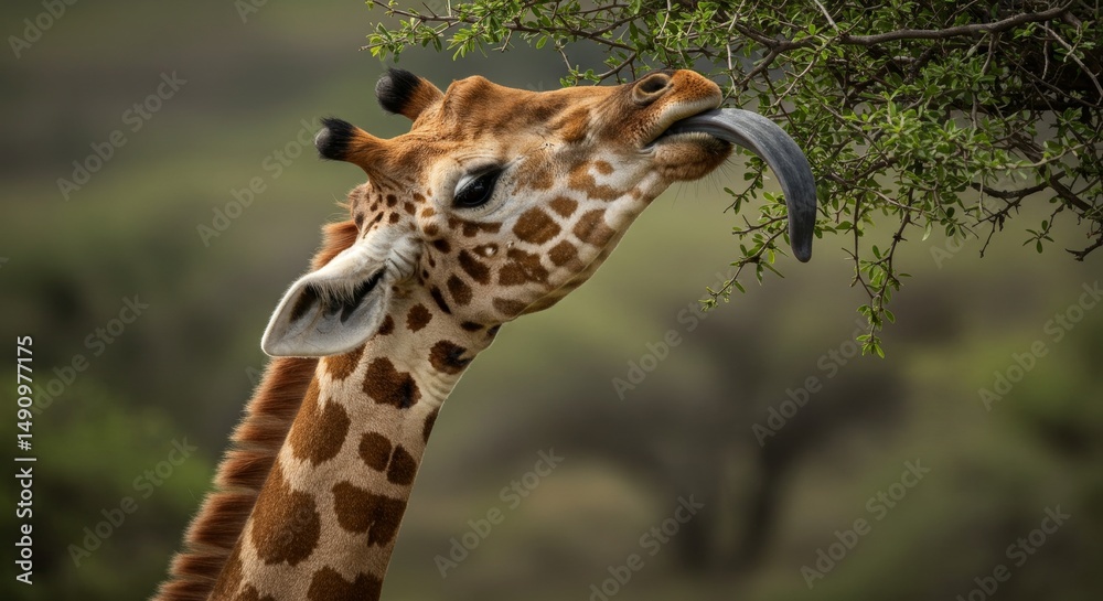 Obraz premium Close-up portrait capturing a giraffe grazing leaves with its tongue