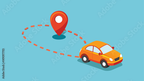 Isometric illustration of an orange car navigating towards a destination with location pin.