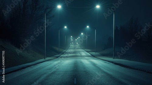 Eerie luminescence casts over the deserted road with lights at twilight