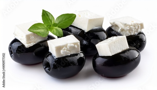 stuffed black olives with feta n black olives filled with tangy feta cheese offering a savory snack or garnish for salads and mediterranean dishes isolated on clear white background highly detailed