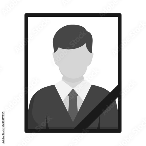 Simple flat-style illustration of a man s funeral photo with a black diagonal ribbon, commonly used in memory cards, commemorative posters, and funeral program materials.