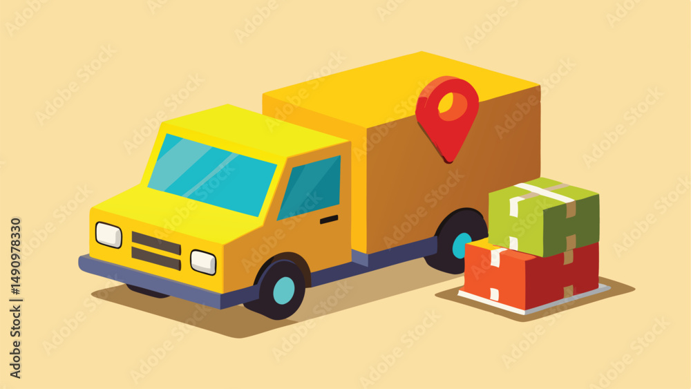 Isometric yellow delivery truck transporting packages with a red location pin and boxes