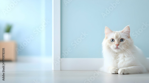 White Ragdoll Cat with Blue Eyes Resting on Light Blue Wall Background