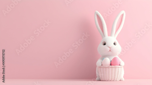 White Fluffy Easter Bunny Holding Pink Basket with Pastel Eggs against Pink Background