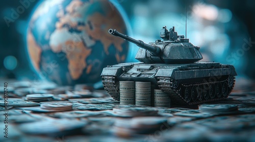 Military tank model on coins with globe background.