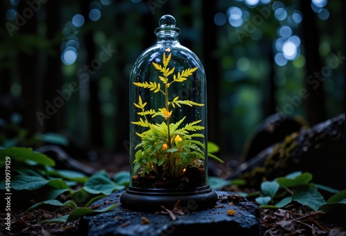 Plant in Glass Dome on Stone in Forest - Terrarium Concept