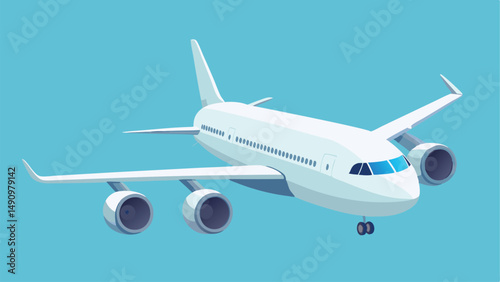 Modern and clean illustration of a white airplane flying against a clear blue sky