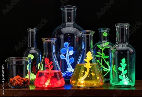 Colorful Glowing Plants in Glassware - Science Experiment Concept