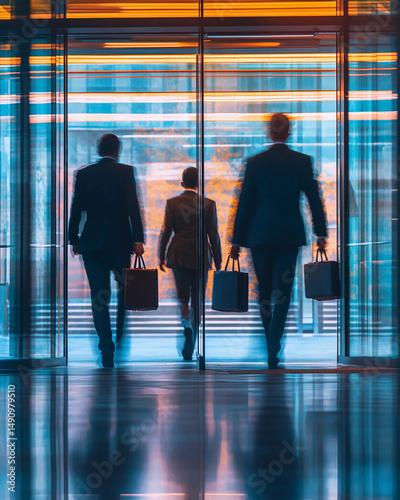 Business professionals commute through a modern office building entrance during early morning hours in an urban setting