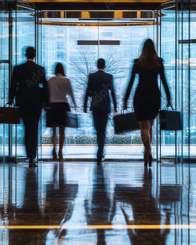 Group of professionals walking through modern glass entrance on a busy day in a corporate setting during daytime