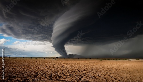 raging tornado at the with in a dry dirt field with black clouds
