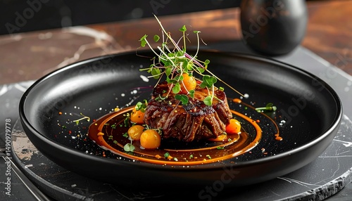 Contemporary Moroccan lamb tagine with a gourmet twist, minimalist plating with artis