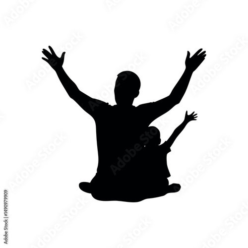 adult and a child sitting closely together backs viewer silhouette design