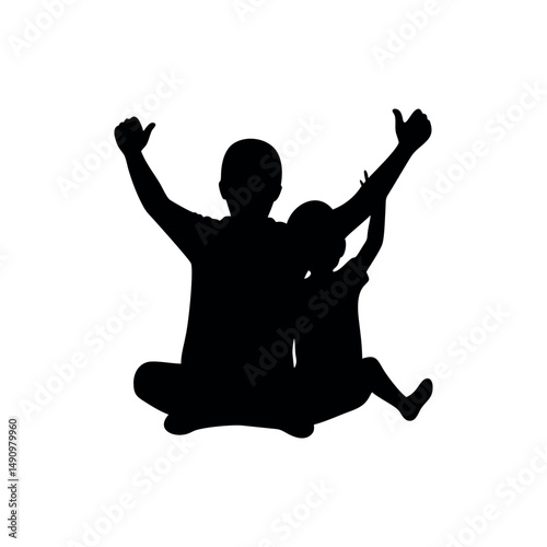 vector silhouette of a man with arms raised adult and a child sitting closely together backs viewer silhouette