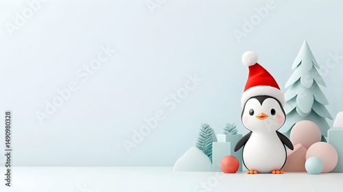 Cute Cartoon Penguin Wearing Santa Hat in Winter Wonderland Scene