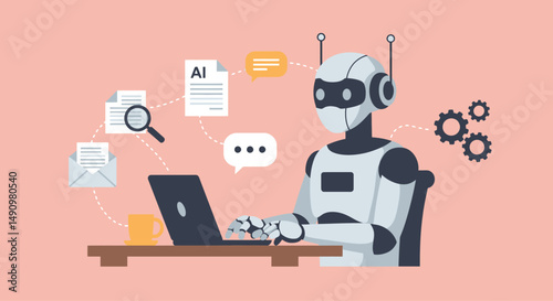 A futuristic robot with glowing blue elements sits at a desk, working on a laptop. Surrounding it are interconnected digital icons representing email, document processing, automation, communication, a