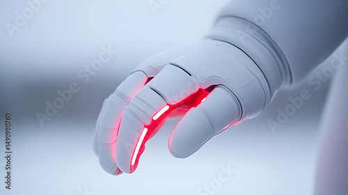 Closeup of a White Robotic Hand with Red Glowing Lines