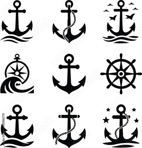 Anchor Icon Silhouette Set – Nautical, Marine, Sea Vector Pack Black Anchor Silhouettes – Maritime Symbols for Sailor and Ocean Themes