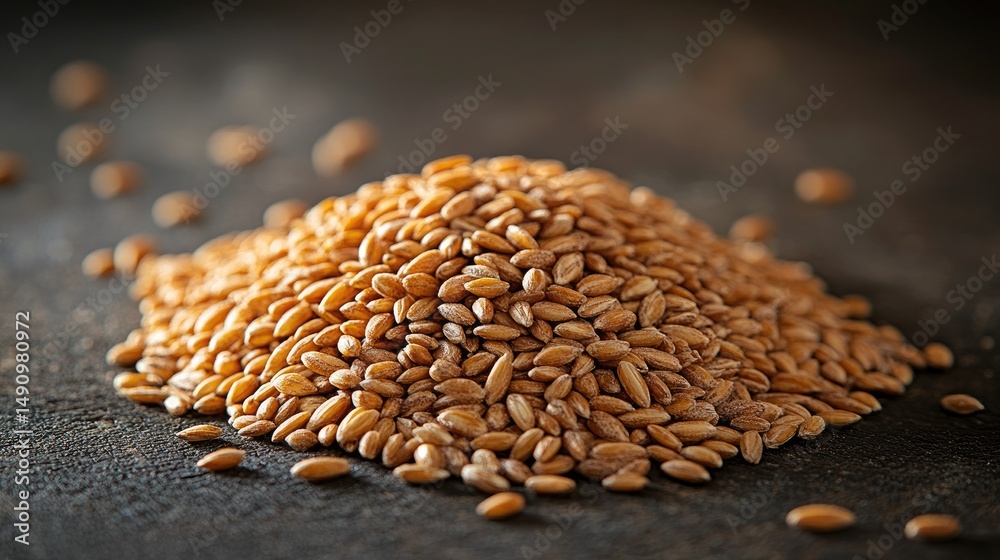Obraz premium Close-up of a pile of raw spelt grains on a dark surface.