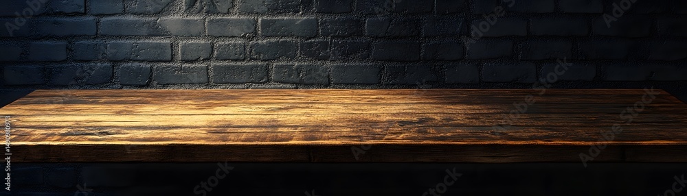 Fototapeta premium Empty wooden surface against dark brick backdrop.